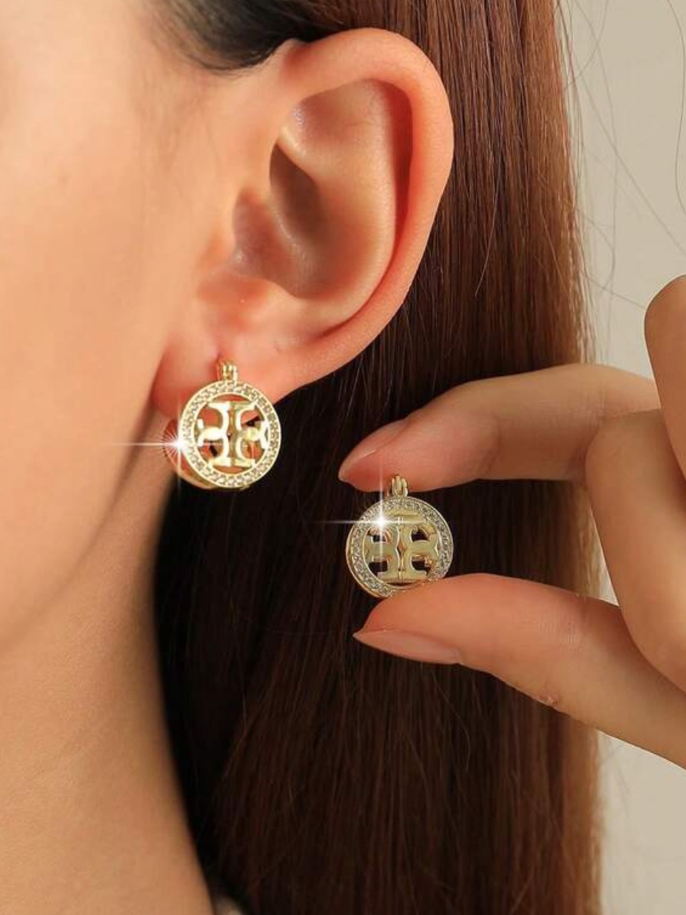 Tory Burch Gold Crystal Logo Earrings - Picture 3 of 8